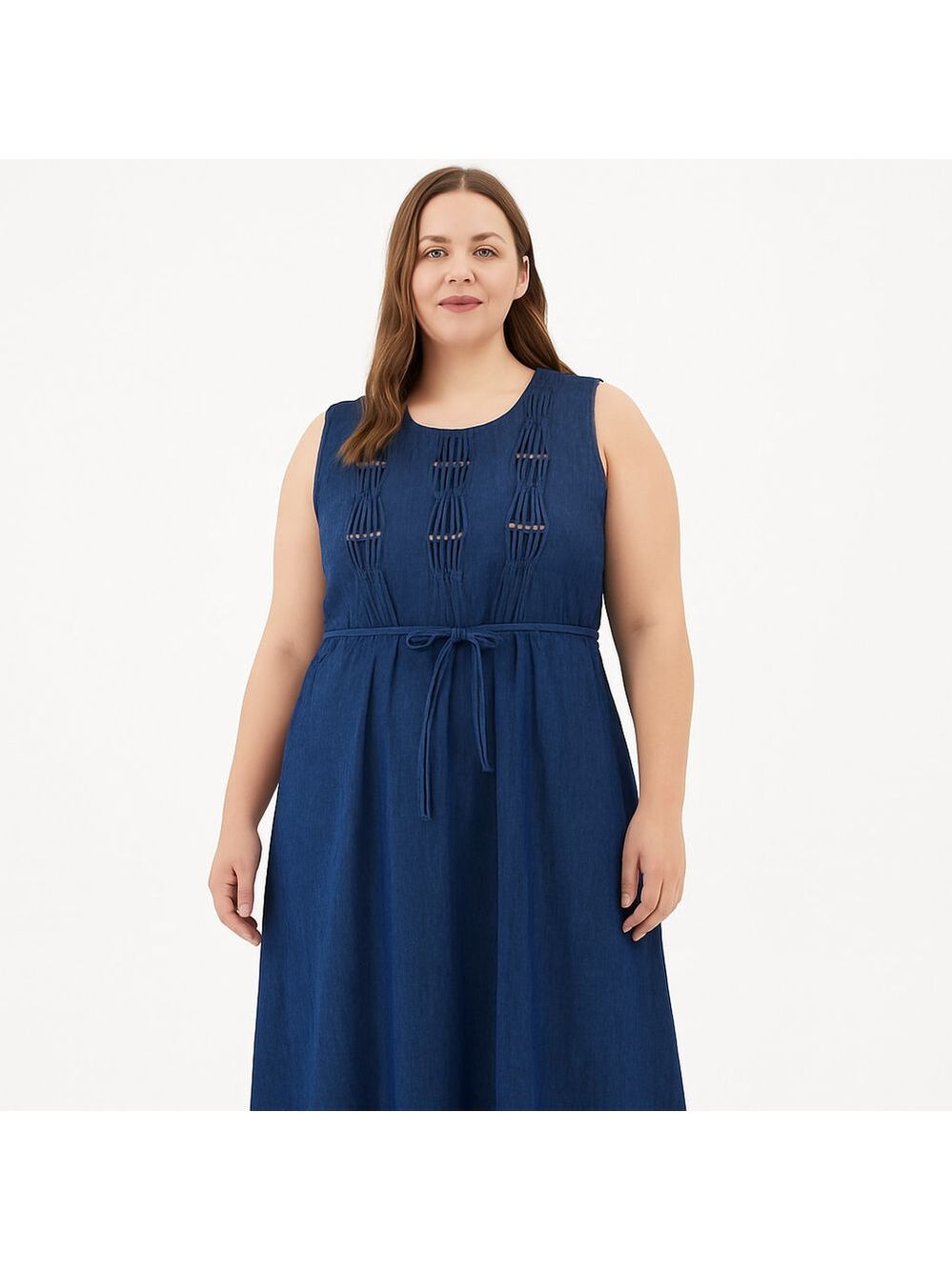 Vintage 90s Sleeveless Denim Maxi Dress Pleated Embroidered 100% Cotton Boho, 14 - Picture 3 of 14